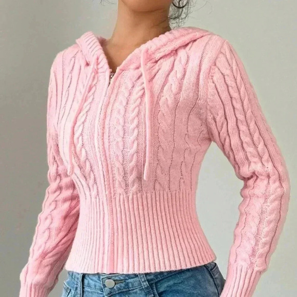 Pink Casual Women's Drawstring Hooded Cardigan - Picture 5 of 5